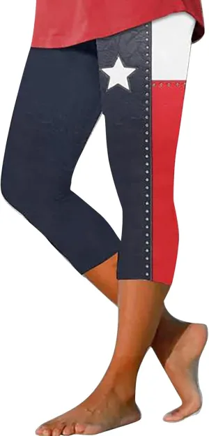 4th of July USA Patriotic Womens Capris Leggings Pants Tummy Control Knee Length Slim Fit Yoga Cropped Trouser