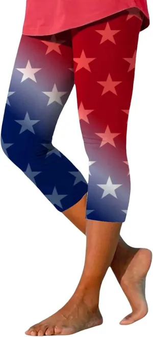 4th of July USA Patriotic Womens Capris Leggings Summer High Waist Pant Tummy Control Knee Length Slim Fit Yoga Cropped
