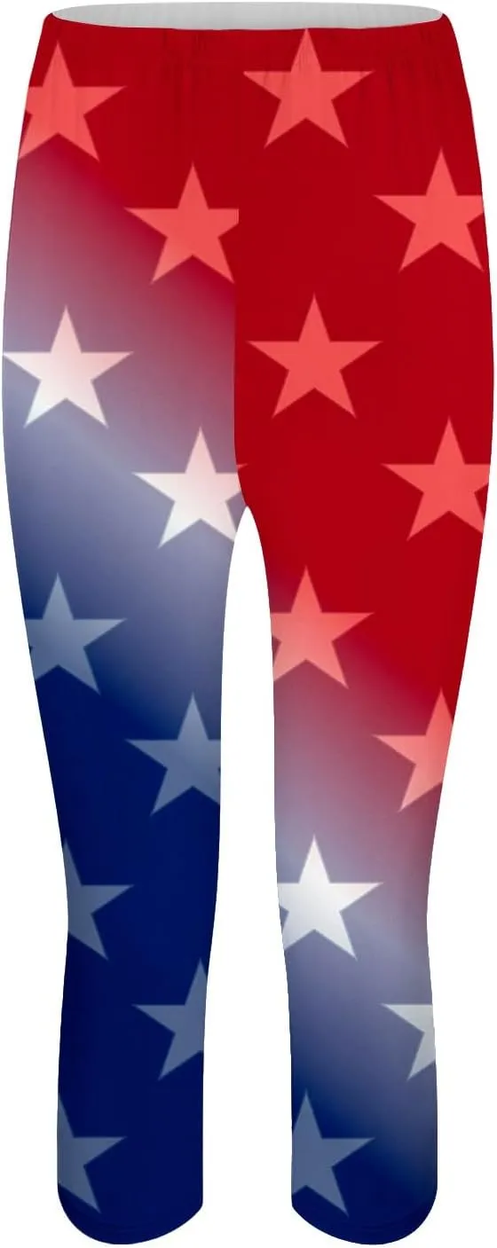 4th of July USA Patriotic Womens Capris Leggings Summer High Waist Pant Tummy Control Knee Length Slim Fit Yoga Cropped