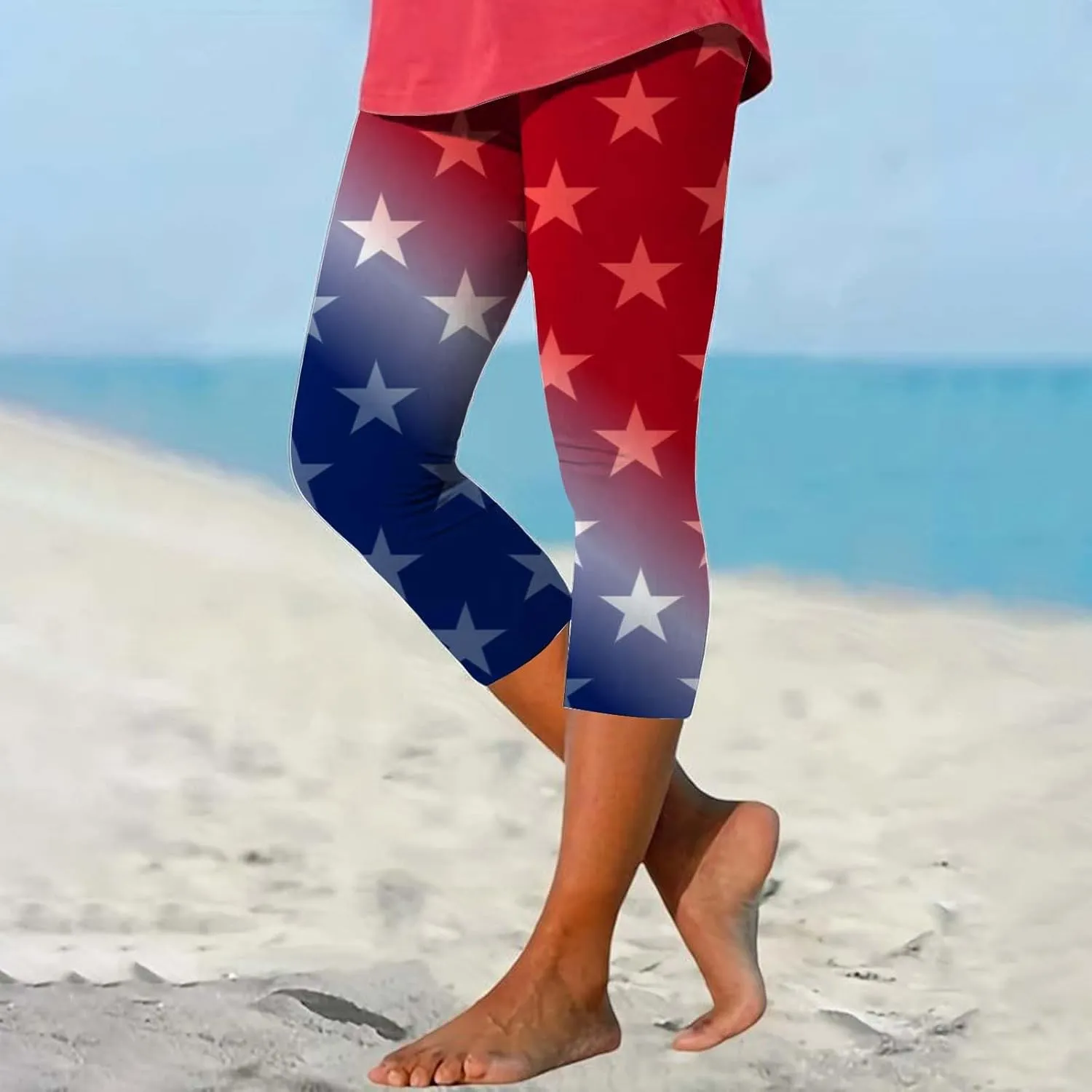 4th of July USA Patriotic Womens Capris Leggings Summer High Waist Pant Tummy Control Knee Length Slim Fit Yoga Cropped
