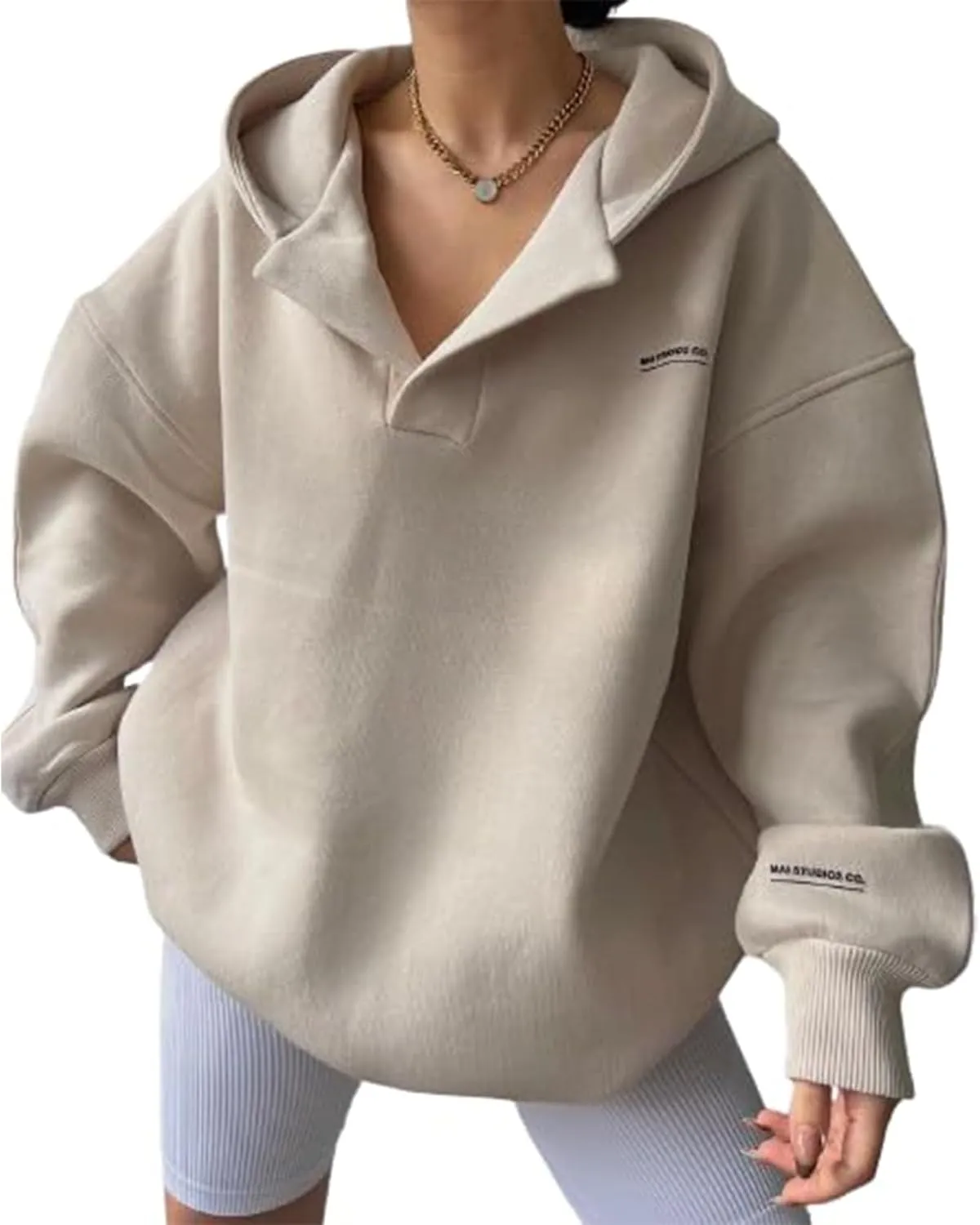 Aesthetic Hoodies for Women Hooded Long Sleeve Pullover Oversized Sweatshirts Casual V Neck Tops