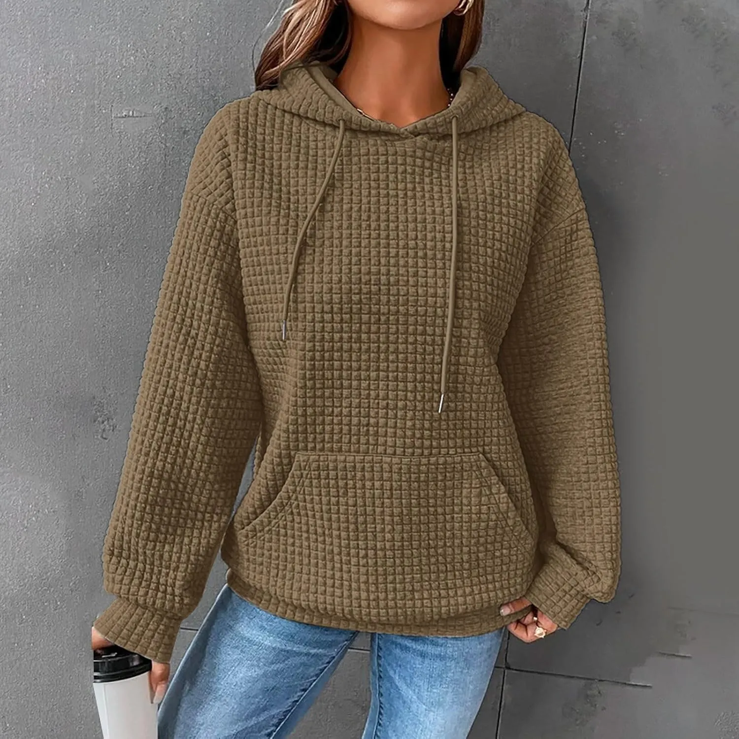 aihihe Women's Lightweight Waffle Hoodies 2023 Fall Casual Sweatshirt Trendy Dressy Drawstring Pullover Tops with Pockets