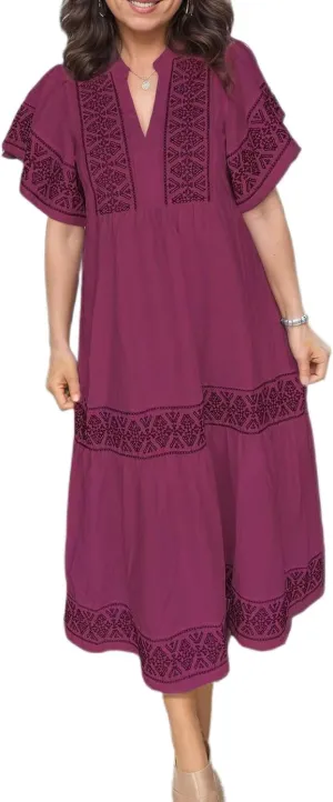 Akivide Women's Summer Boho Flutter Short Sleeve Midi Dress Flowy Casual Ruffle Tiered Beach Vacation Dress with Pockets