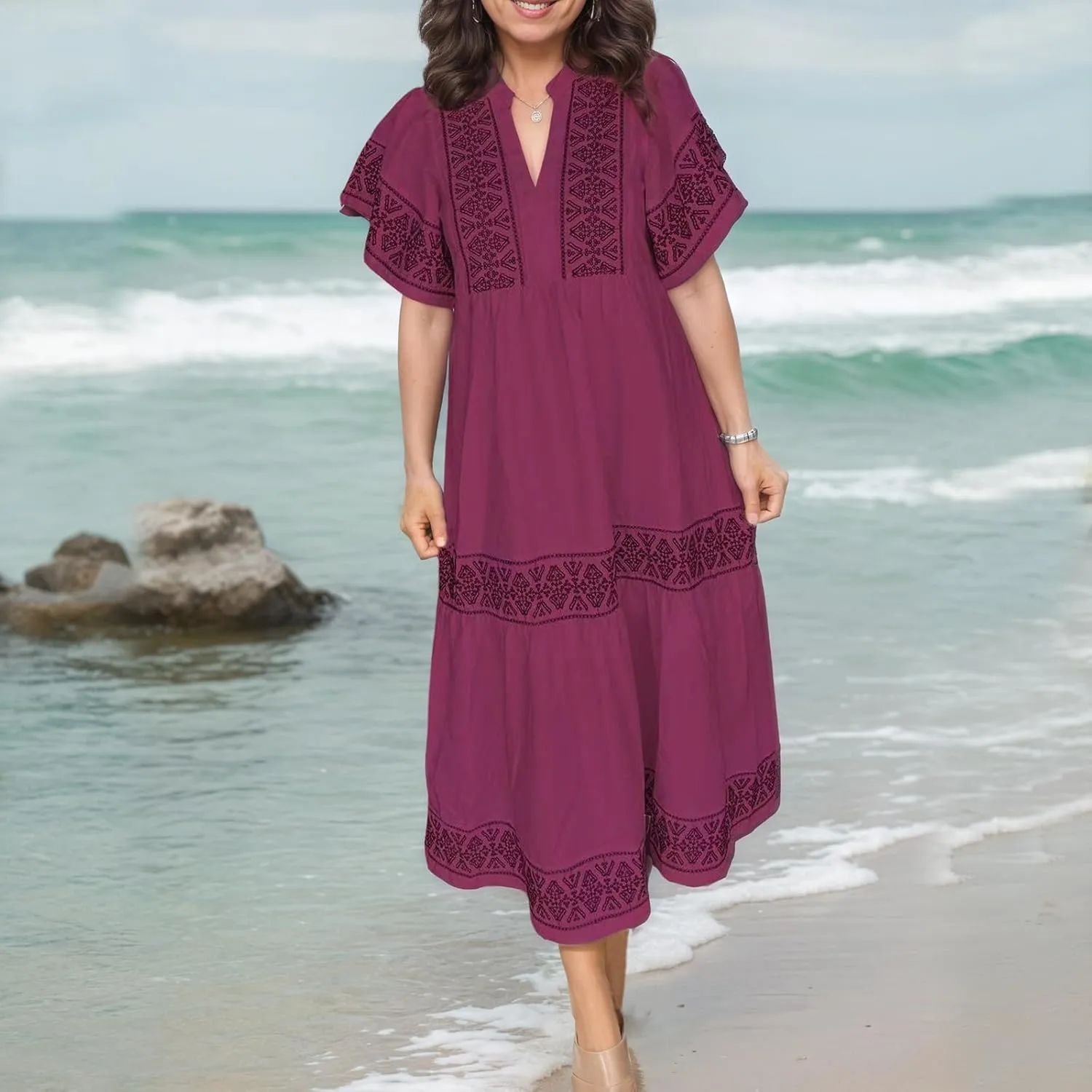 Akivide Women's Summer Boho Flutter Short Sleeve Midi Dress Flowy Casual Ruffle Tiered Beach Vacation Dress with Pockets