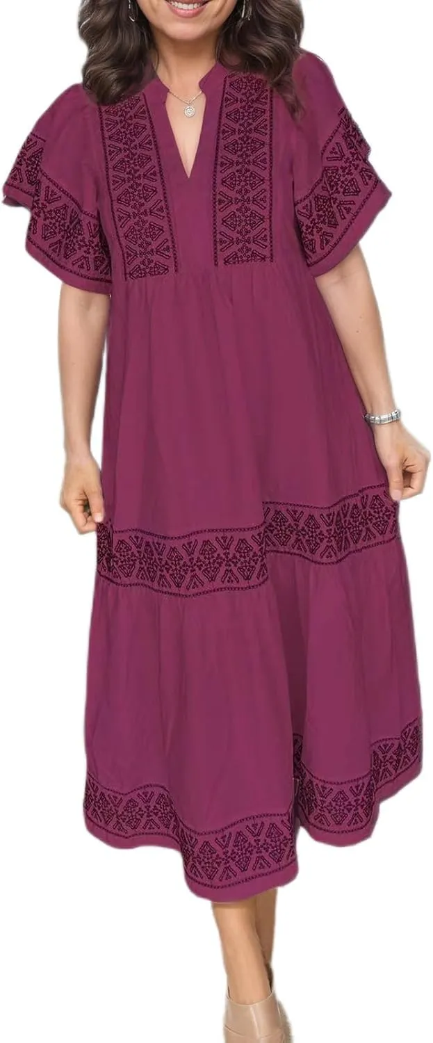 Akivide Women's Summer Boho Flutter Short Sleeve Midi Dress Flowy Casual Ruffle Tiered Beach Vacation Dress with Pockets
