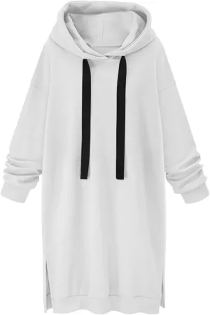Akklian Women's Hoodie Sweatshirt Dress Knee Length Long Pullover Tops Split Hem Drawstring Hoodies Fall Winter Plush Sweater