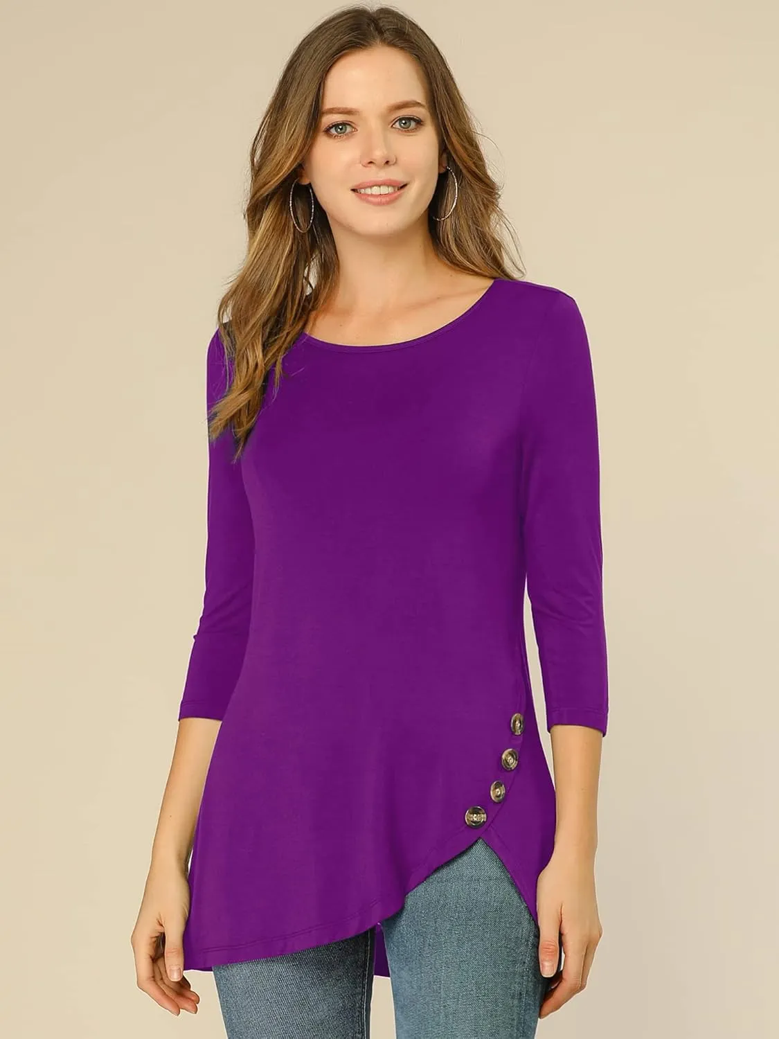 Allegra K Women's Tunic T-shirt Loose Spring 2025 Asymmetry Hem 3/4 Sleeve Round Neck Casual Basic Tops