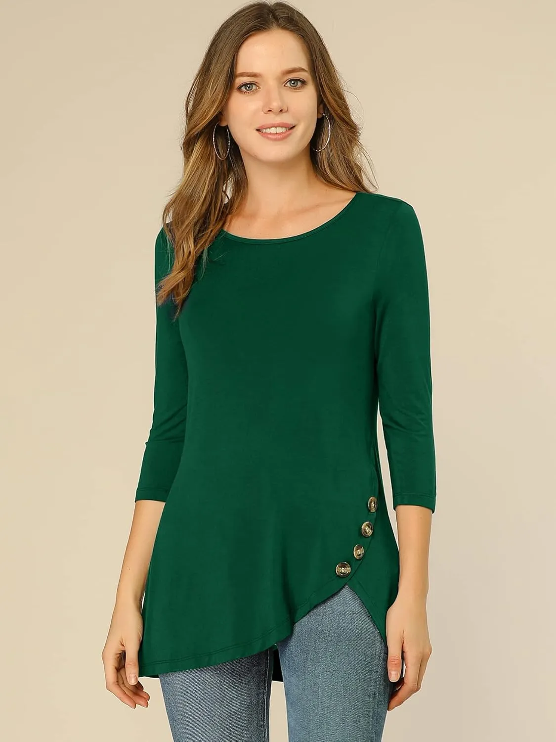 Allegra K Women's Tunic T-shirt Loose Spring 2025 Asymmetry Hem 3/4 Sleeve Round Neck Casual Basic Tops