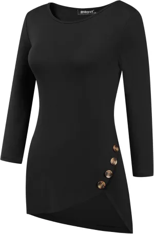 Allegra K Women's Tunic T-shirt Loose Spring 2025 Asymmetry Hem 3/4 Sleeve Round Neck Casual Basic Tops