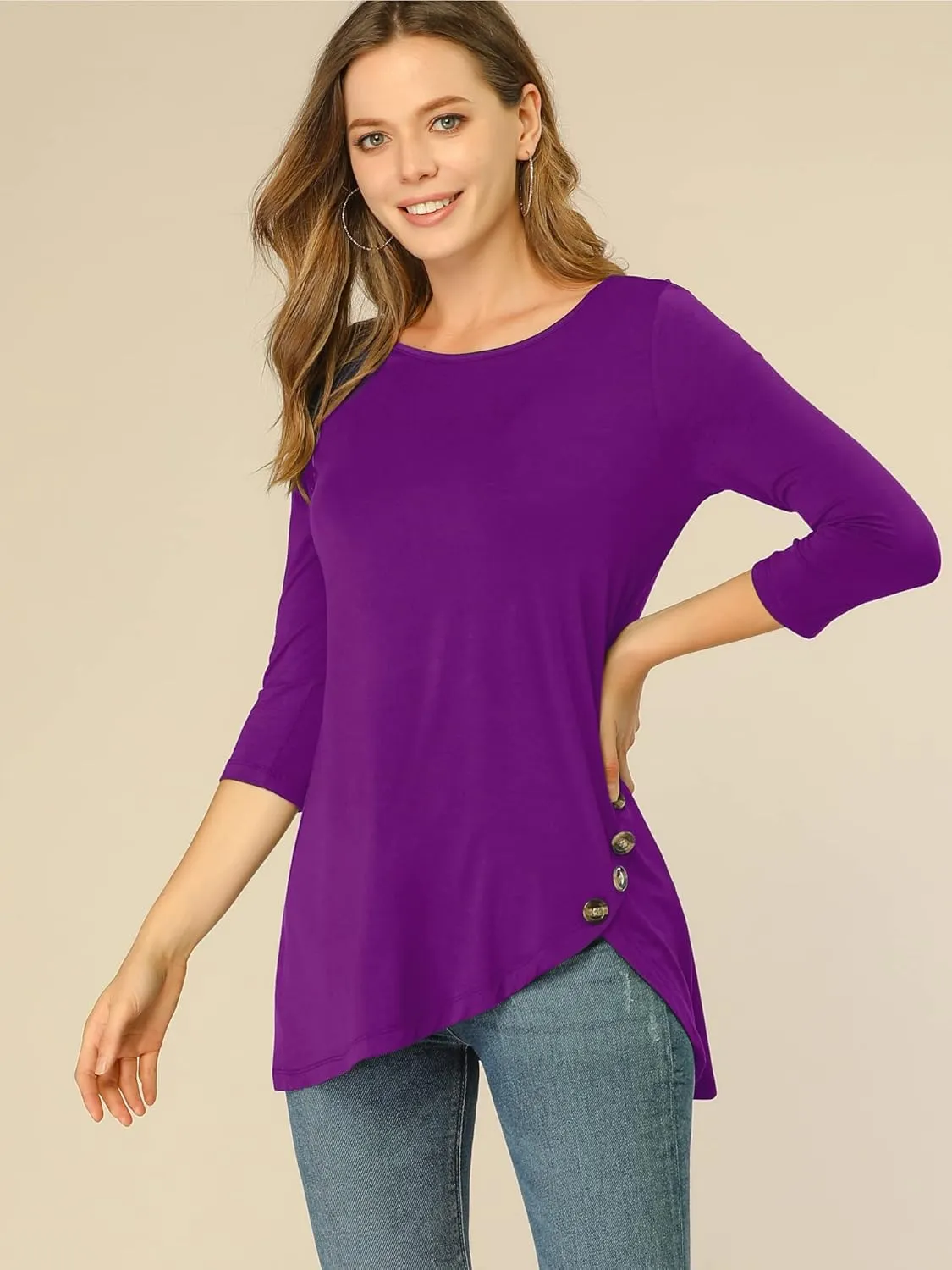Allegra K Women's Tunic T-shirt Loose Spring 2025 Asymmetry Hem 3/4 Sleeve Round Neck Casual Basic Tops