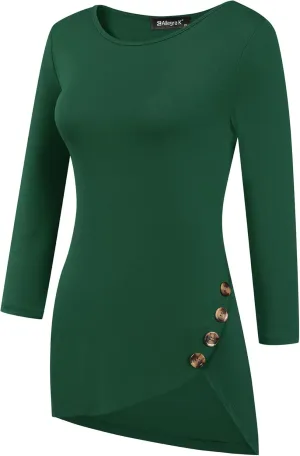 Allegra K Women's Tunic T-shirt Loose Spring 2025 Asymmetry Hem 3/4 Sleeve Round Neck Casual Basic Tops