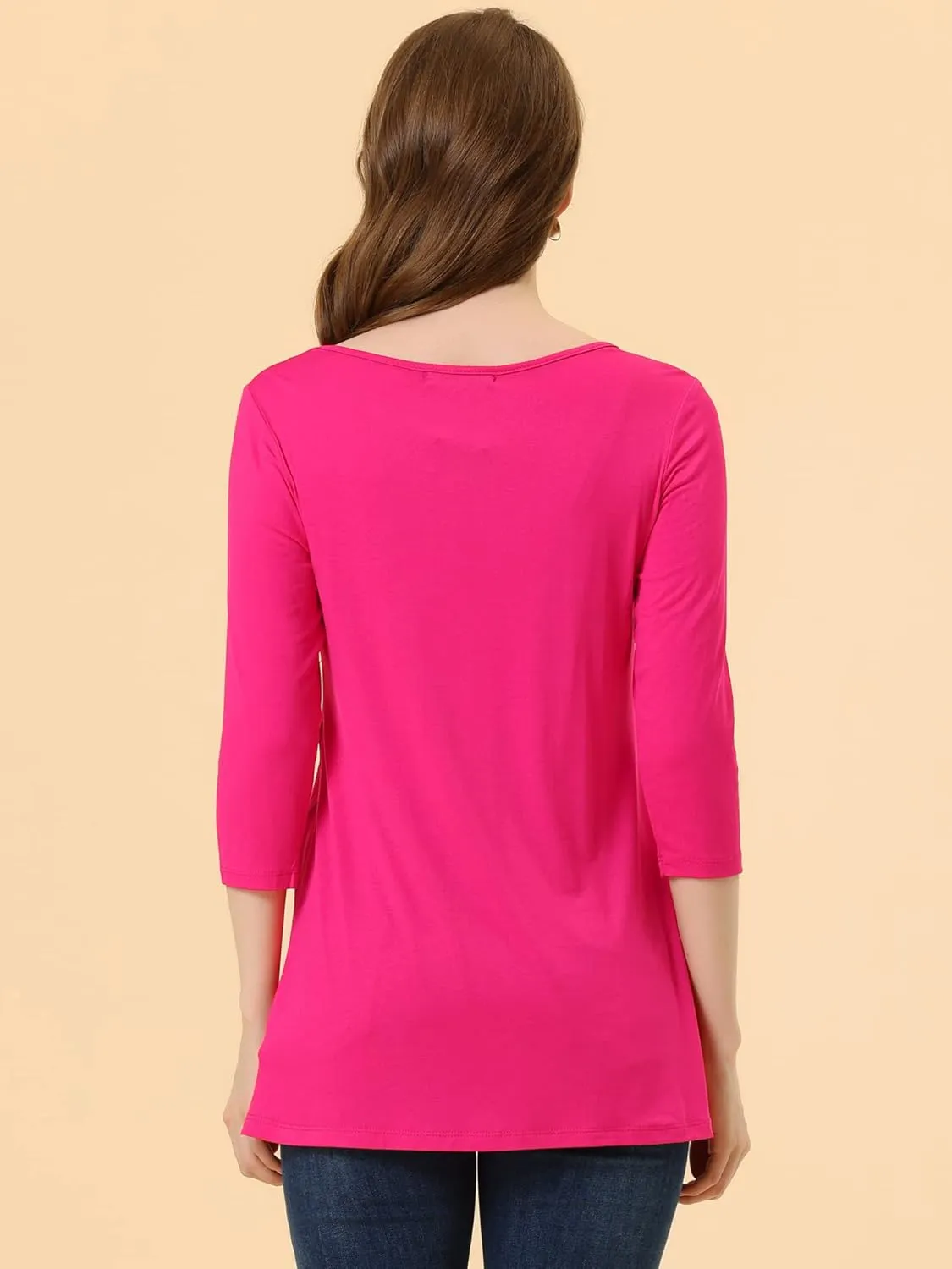 Allegra K Women's Tunic T-shirt Loose Spring 2025 Asymmetry Hem 3/4 Sleeve Round Neck Casual Basic Tops
