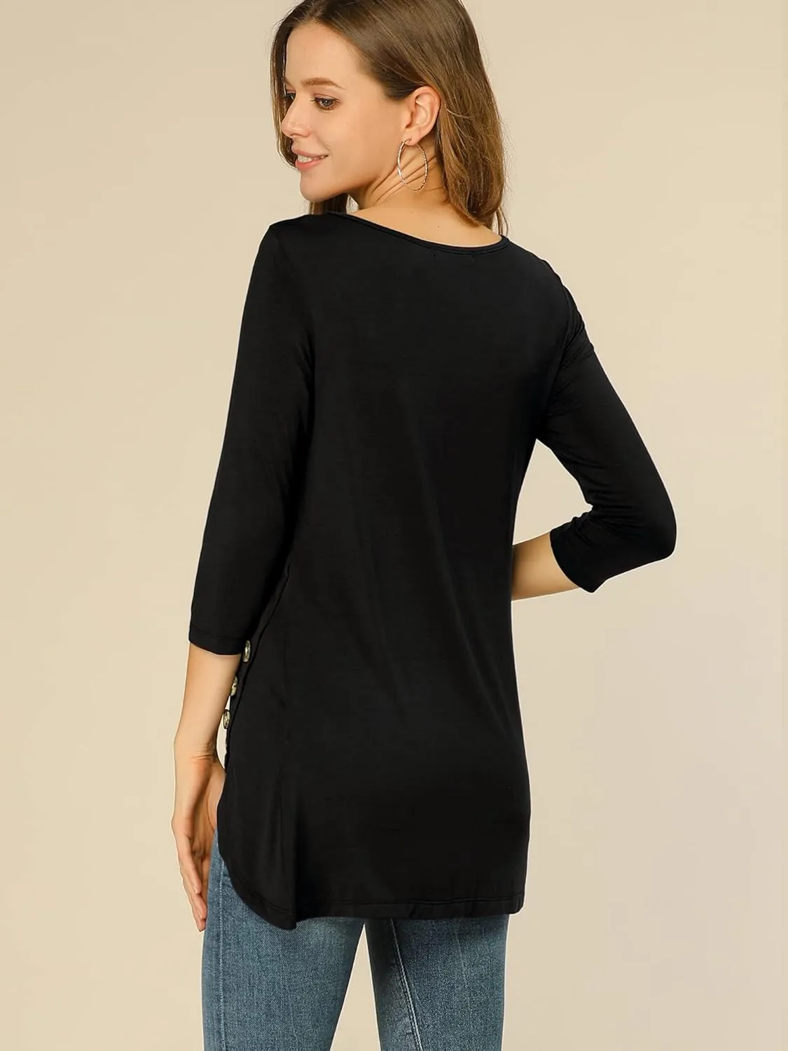 Allegra K Women's Tunic T-shirt Loose Spring 2025 Asymmetry Hem 3/4 Sleeve Round Neck Casual Basic Tops