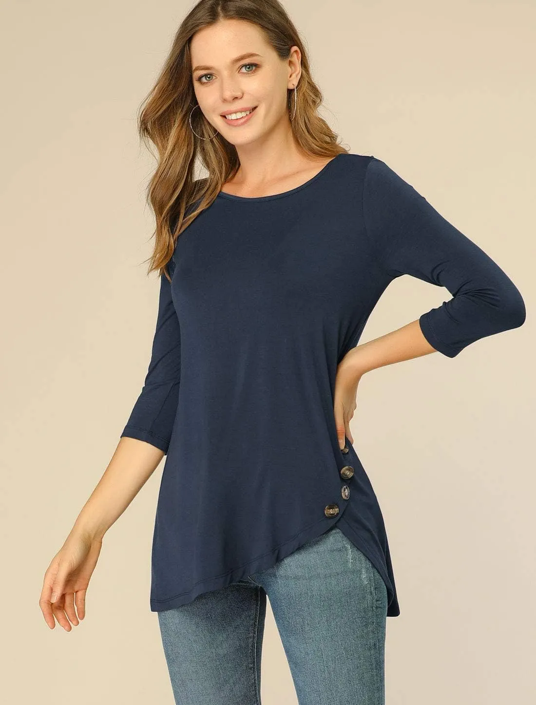 Allegra K Women's Tunic T-shirt Loose Spring 2025 Asymmetry Hem 3/4 Sleeve Round Neck Casual Basic Tops