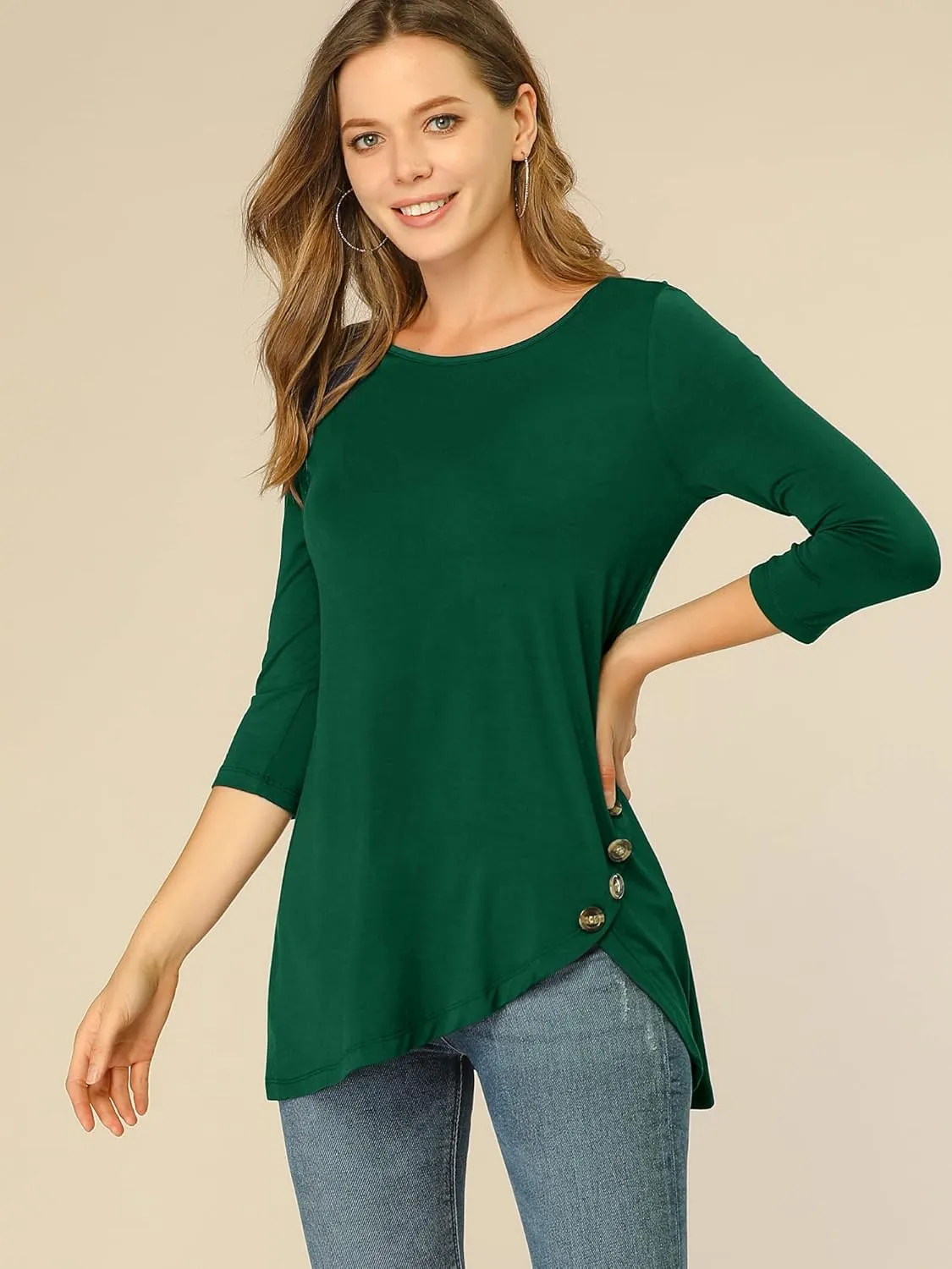 Allegra K Women's Tunic T-shirt Loose Spring 2025 Asymmetry Hem 3/4 Sleeve Round Neck Casual Basic Tops