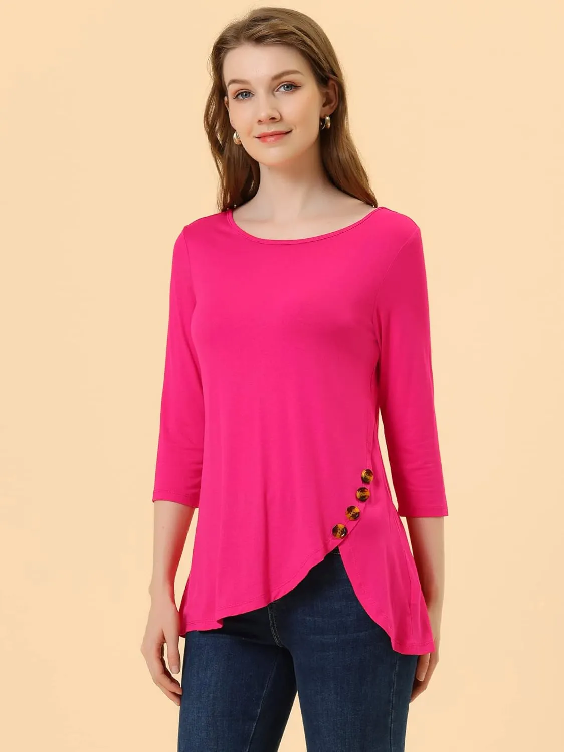 Allegra K Women's Tunic T-shirt Loose Spring 2025 Asymmetry Hem 3/4 Sleeve Round Neck Casual Basic Tops
