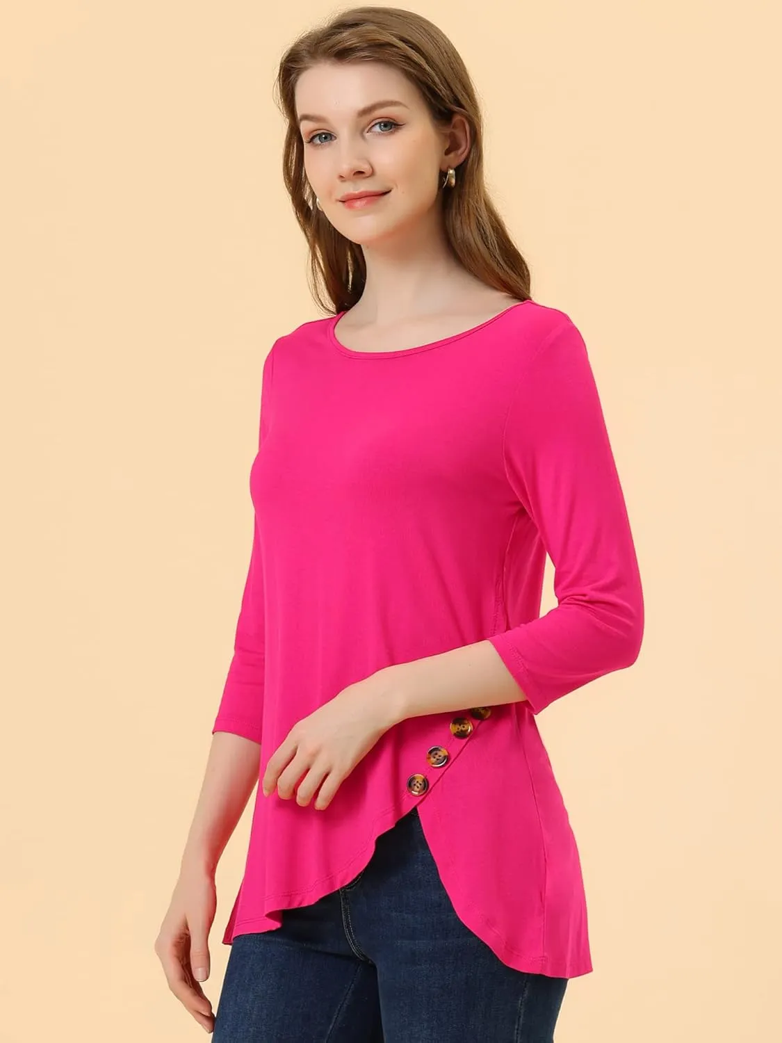 Allegra K Women's Tunic T-shirt Loose Spring 2025 Asymmetry Hem 3/4 Sleeve Round Neck Casual Basic Tops