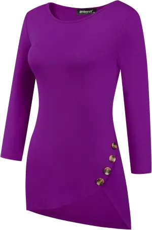 Allegra K Women's Tunic T-shirt Loose Spring 2025 Asymmetry Hem 3/4 Sleeve Round Neck Casual Basic Tops