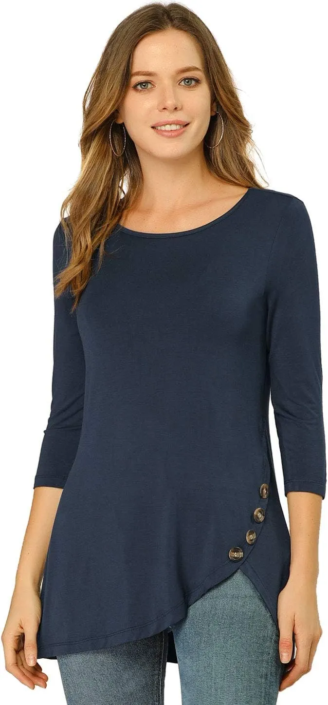 Allegra K Women's Tunic T-shirt Loose Spring 2025 Asymmetry Hem 3/4 Sleeve Round Neck Casual Basic Tops