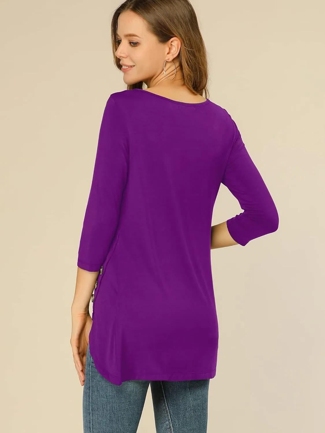 Allegra K Women's Tunic T-shirt Loose Spring 2025 Asymmetry Hem 3/4 Sleeve Round Neck Casual Basic Tops