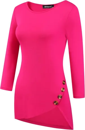 Allegra K Women's Tunic T-shirt Loose Spring 2025 Asymmetry Hem 3/4 Sleeve Round Neck Casual Basic Tops