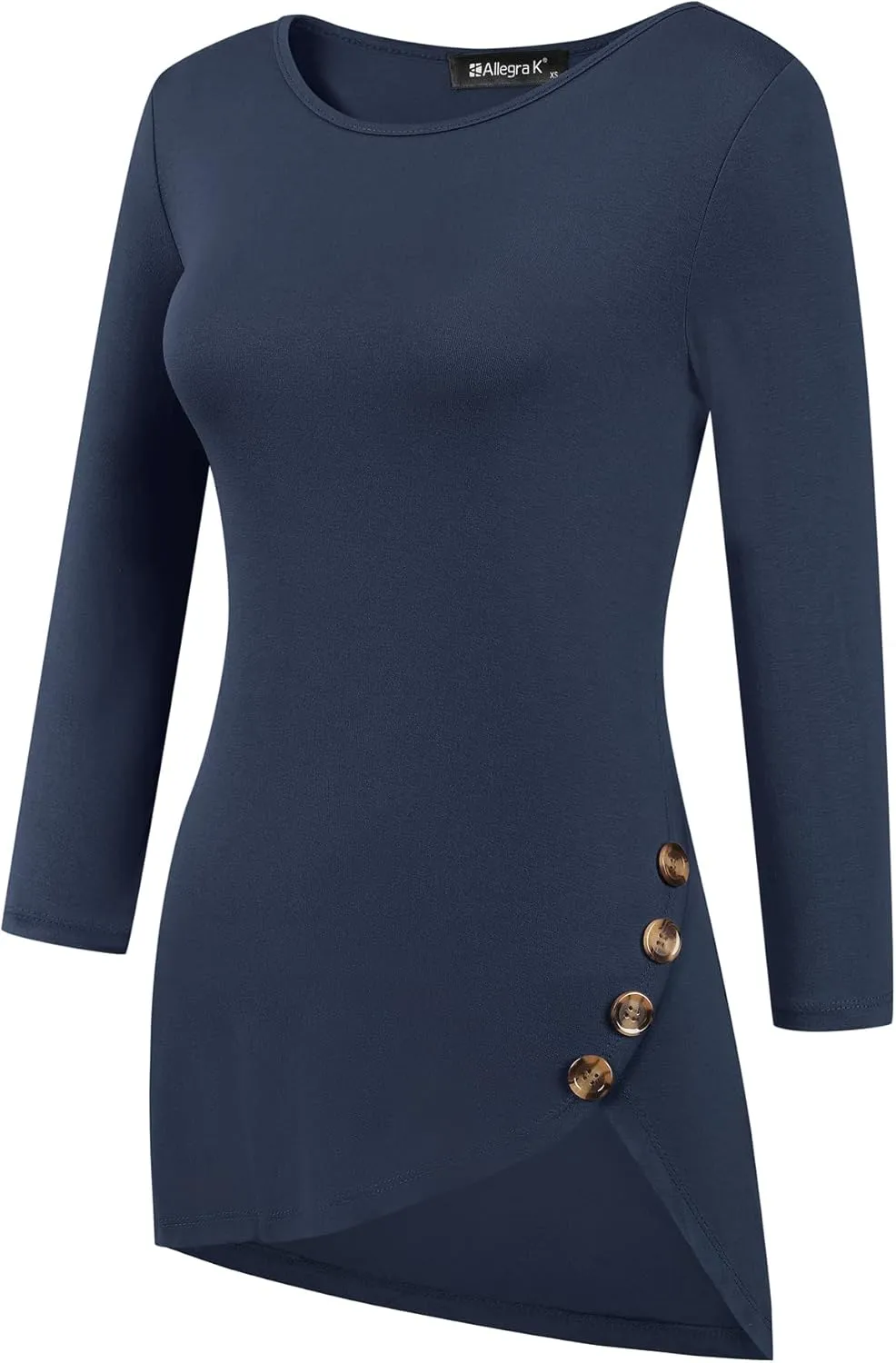 Allegra K Women's Tunic T-shirt Loose Spring 2025 Asymmetry Hem 3/4 Sleeve Round Neck Casual Basic Tops