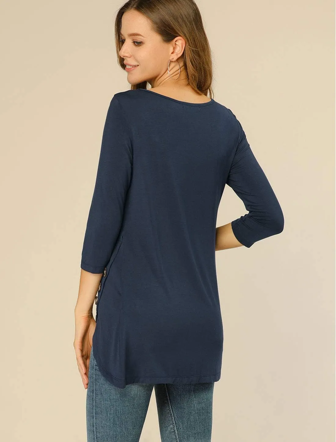 Allegra K Women's Tunic T-shirt Loose Spring 2025 Asymmetry Hem 3/4 Sleeve Round Neck Casual Basic Tops
