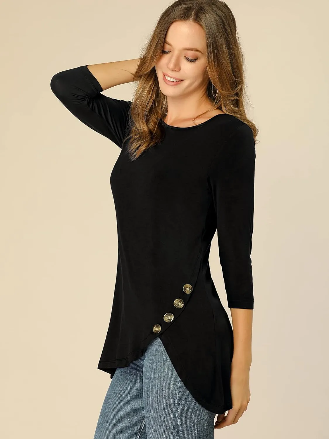 Allegra K Women's Tunic T-shirt Loose Spring 2025 Asymmetry Hem 3/4 Sleeve Round Neck Casual Basic Tops
