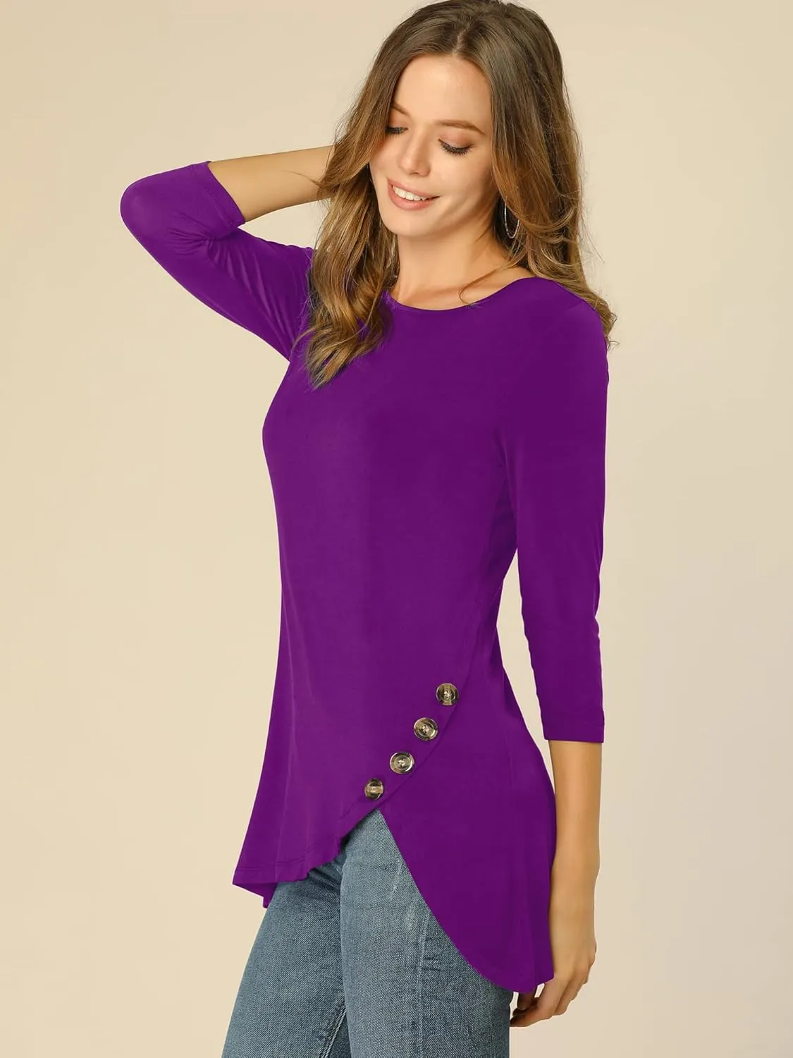 Allegra K Women's Tunic T-shirt Loose Spring 2025 Asymmetry Hem 3/4 Sleeve Round Neck Casual Basic Tops