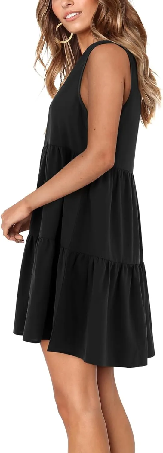 Amoretu Women Summer Tunic Dress Sleeveless V Neck Casual Loose Flowy Swing Tank Dresses