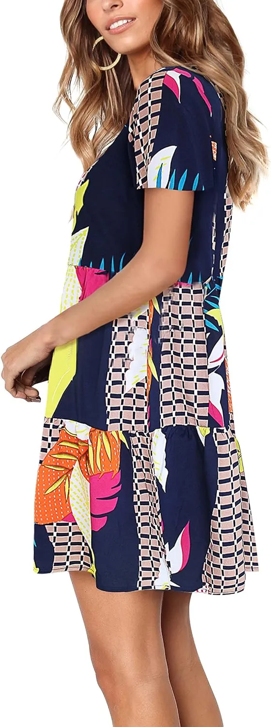 Amoretu Women Summer Tunic Dress V Neck Short Sleeve Casual Loose Flowy Swing Shift Dresses