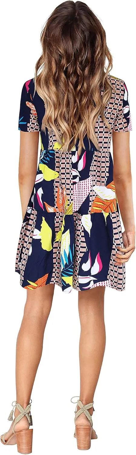 Amoretu Women Summer Tunic Dress V Neck Short Sleeve Casual Loose Flowy Swing Shift Dresses