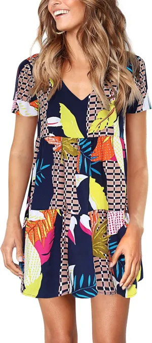 Amoretu Women Summer Tunic Dress V Neck Short Sleeve Casual Loose Flowy Swing Shift Dresses