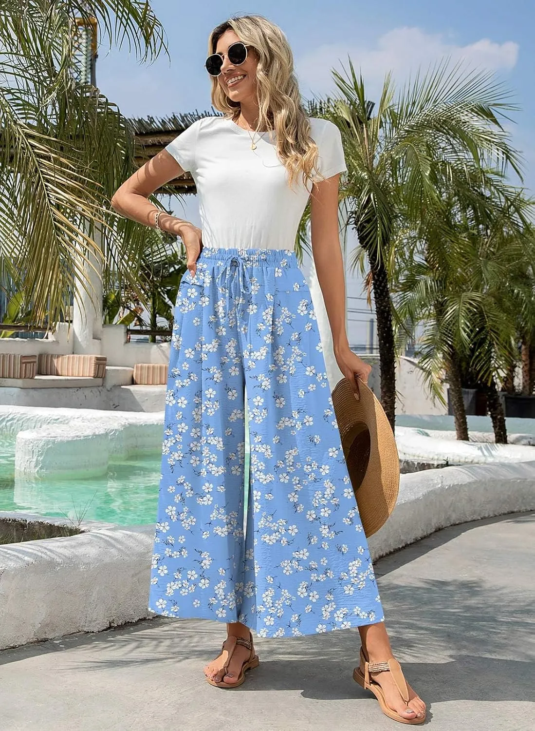 Aodemo Women's Palazzo Pants Dressy Wide Leg Pants High Waist Casual Beach Flowy Culottes with Pockets