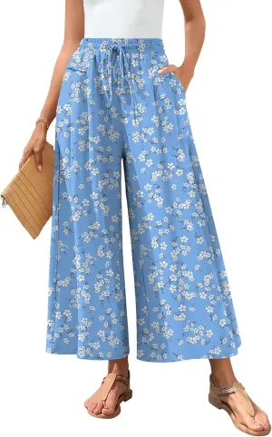 Aodemo Women's Palazzo Pants Dressy Wide Leg Pants High Waist Casual Beach Flowy Culottes with Pockets