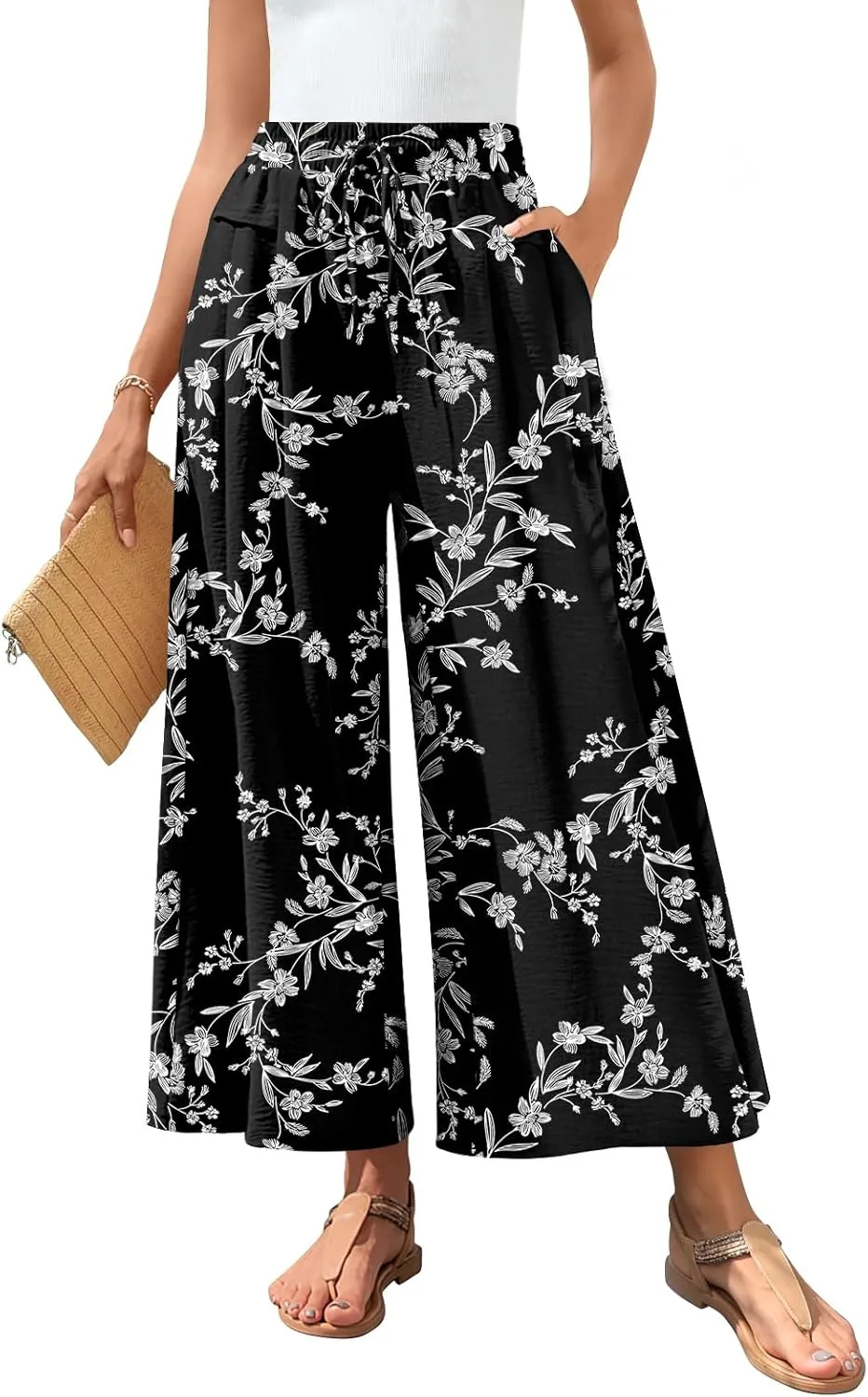 Aodemo Women's Palazzo Pants Dressy Wide Leg Pants High Waist Casual Beach Flowy Culottes with Pockets
