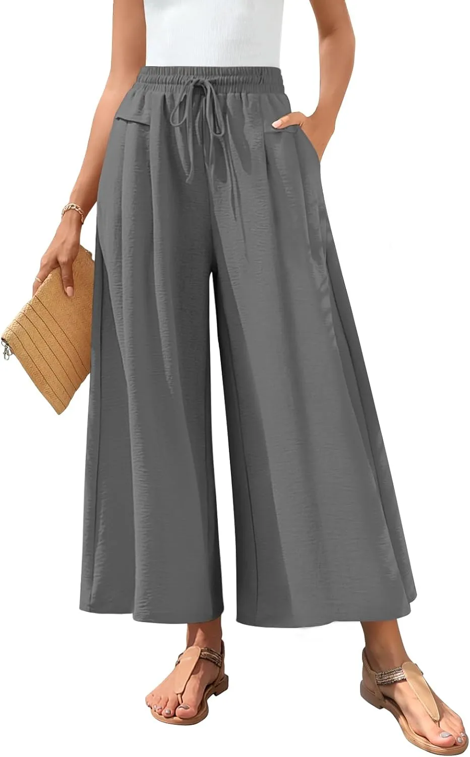 Aodemo Women's Palazzo Pants Dressy Wide Leg Pants High Waist Casual Beach Flowy Culottes with Pockets