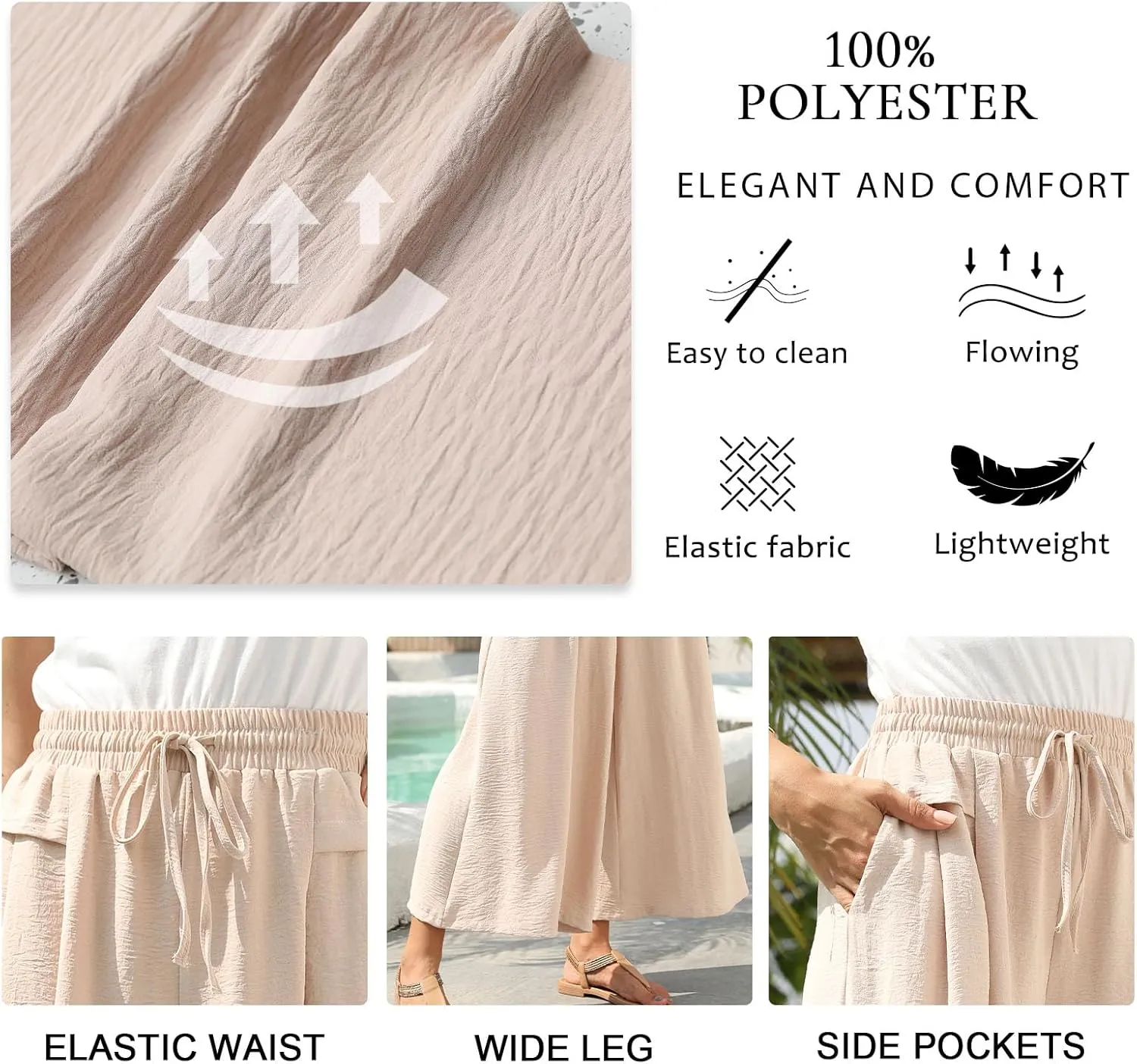 Aodemo Women's Palazzo Pants Dressy Wide Leg Pants High Waist Casual Beach Flowy Culottes with Pockets