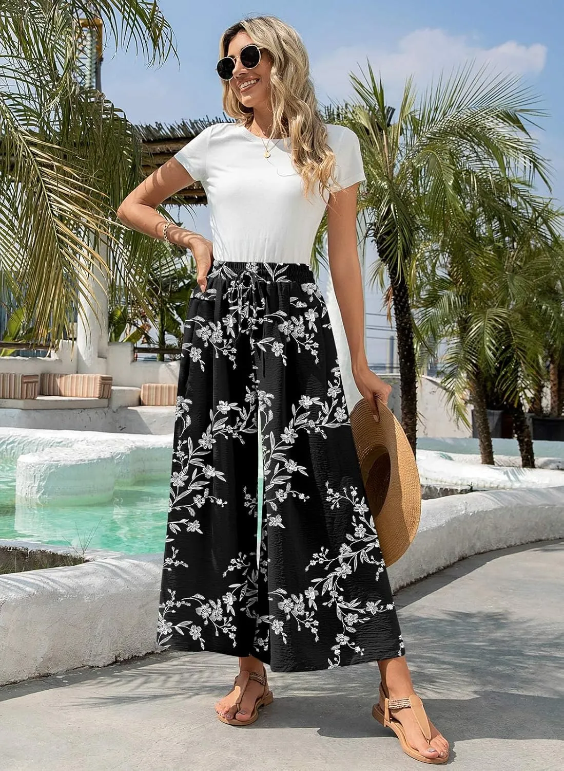 Aodemo Women's Palazzo Pants Dressy Wide Leg Pants High Waist Casual Beach Flowy Culottes with Pockets