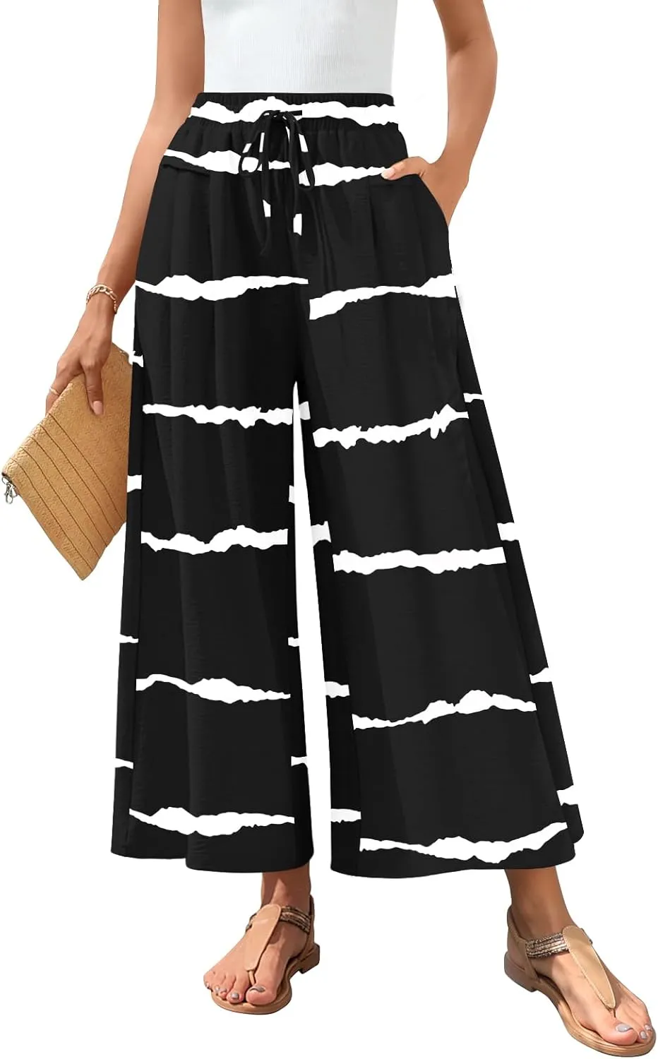 Aodemo Women's Palazzo Pants Dressy Wide Leg Pants High Waist Casual Beach Flowy Culottes with Pockets