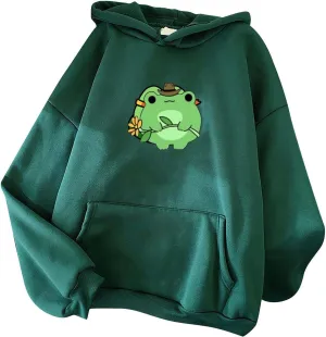 Attine Cute Frog Hoodie for Womens 2024 Long Sleeve Patchwork Sweatshirts Kawaii Frog Graphic Pullover with Pocket
