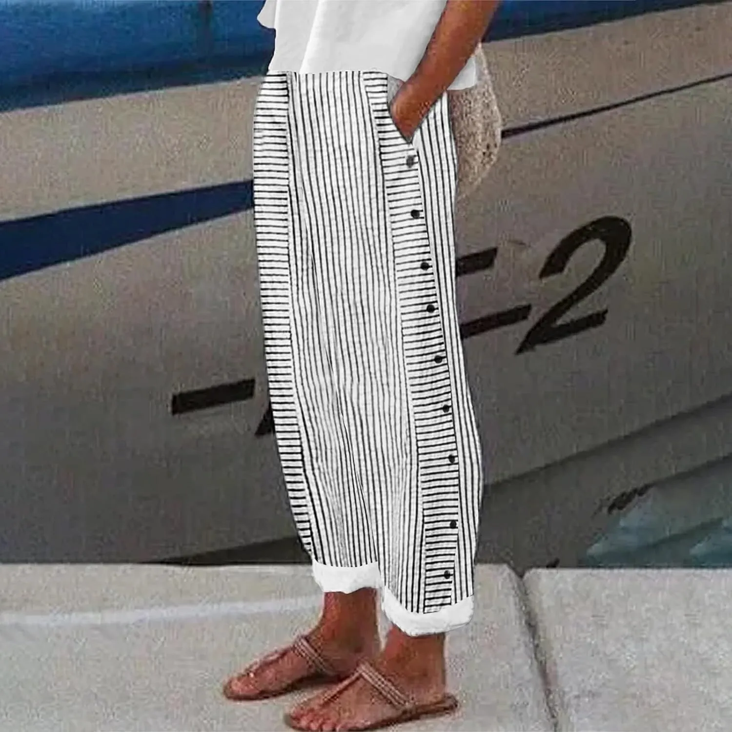 Baggy Harem Elastic Waist Palazzo Waist Side Back Four Pockets 9/10 Pants Drawstring Loose Fit Summer Pants Trousers