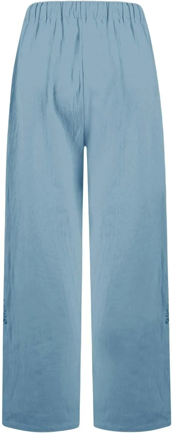 Baggy Linen Pants Women Summer Boho Lightweight High Waist Palazzo Pants Loose Comfy Straight Leg Pants Pockets