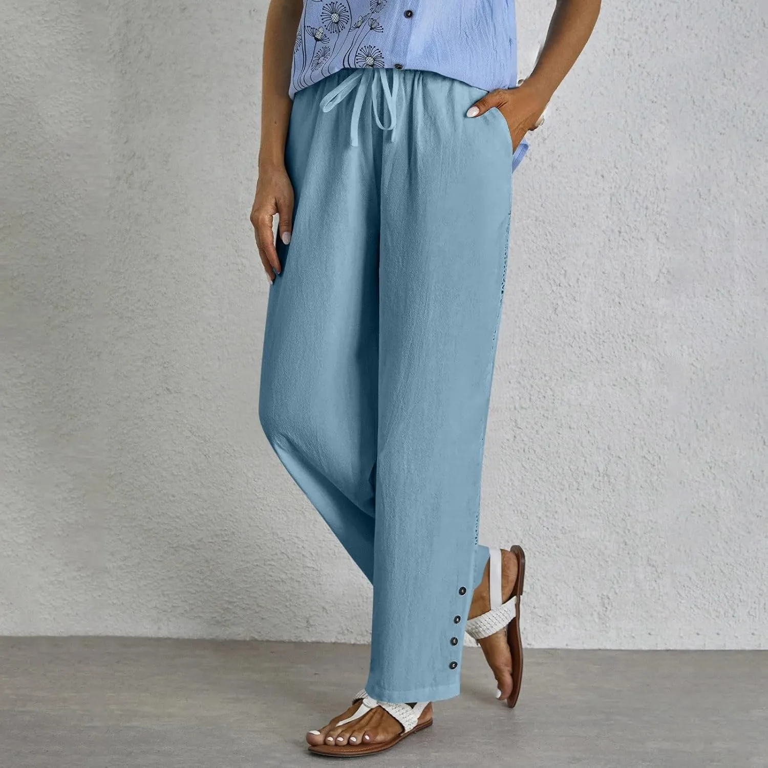 Baggy Linen Pants Women Summer Boho Lightweight High Waist Palazzo Pants Loose Comfy Straight Leg Pants Pockets