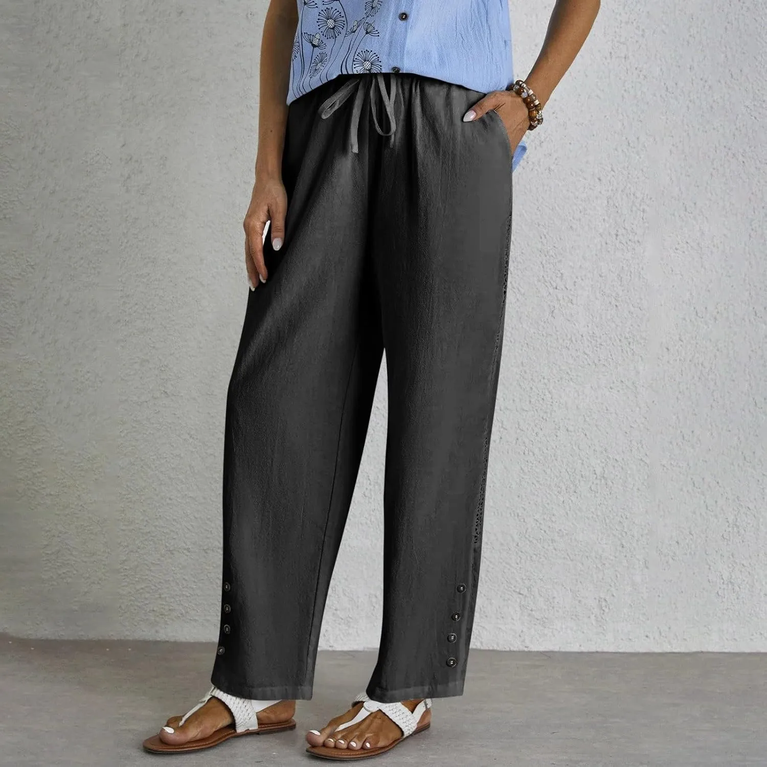 Baggy Linen Pants Women Summer Boho Lightweight High Waist Palazzo Pants Loose Comfy Straight Leg Pants Pockets