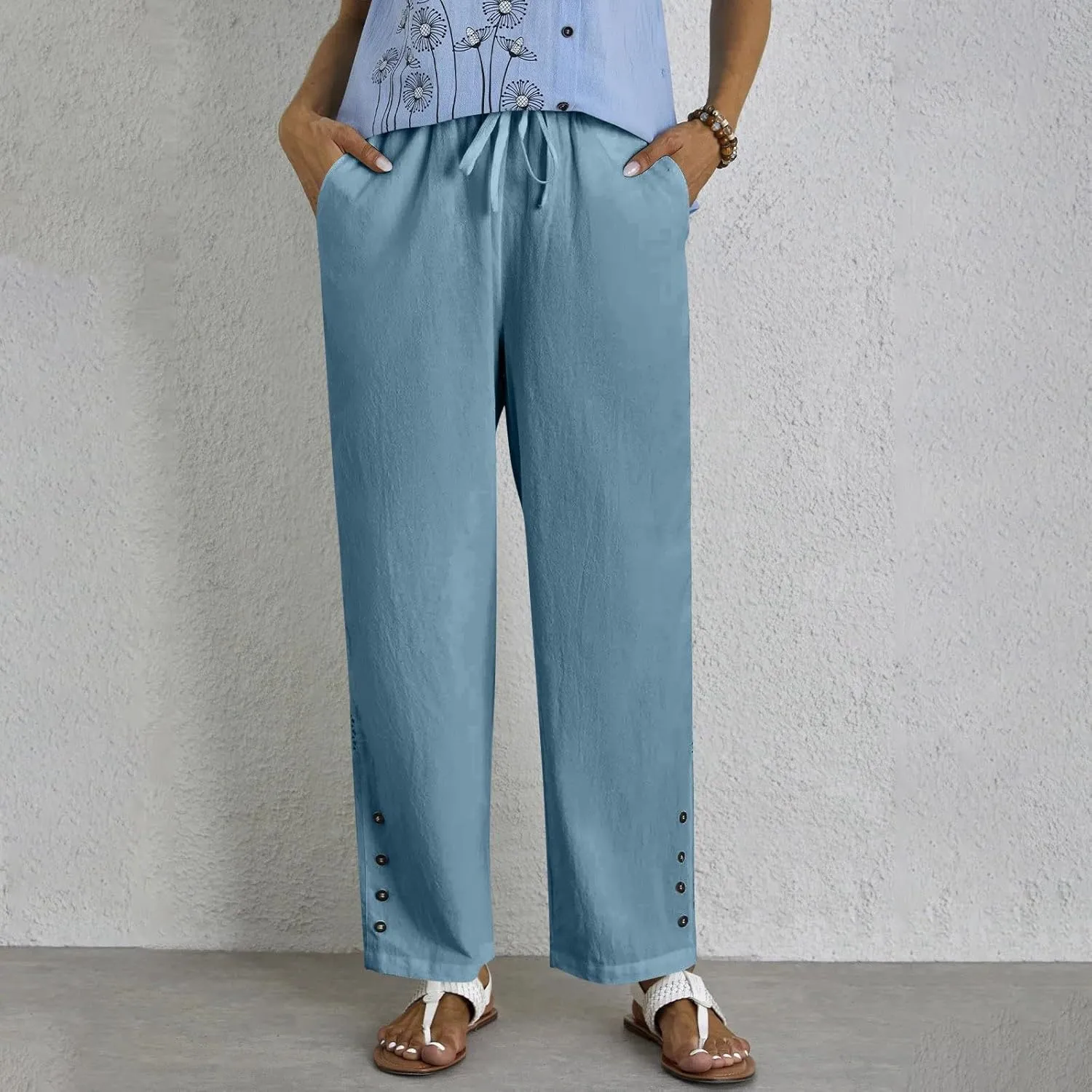 Baggy Linen Pants Women Summer Boho Lightweight High Waist Palazzo Pants Loose Comfy Straight Leg Pants Pockets