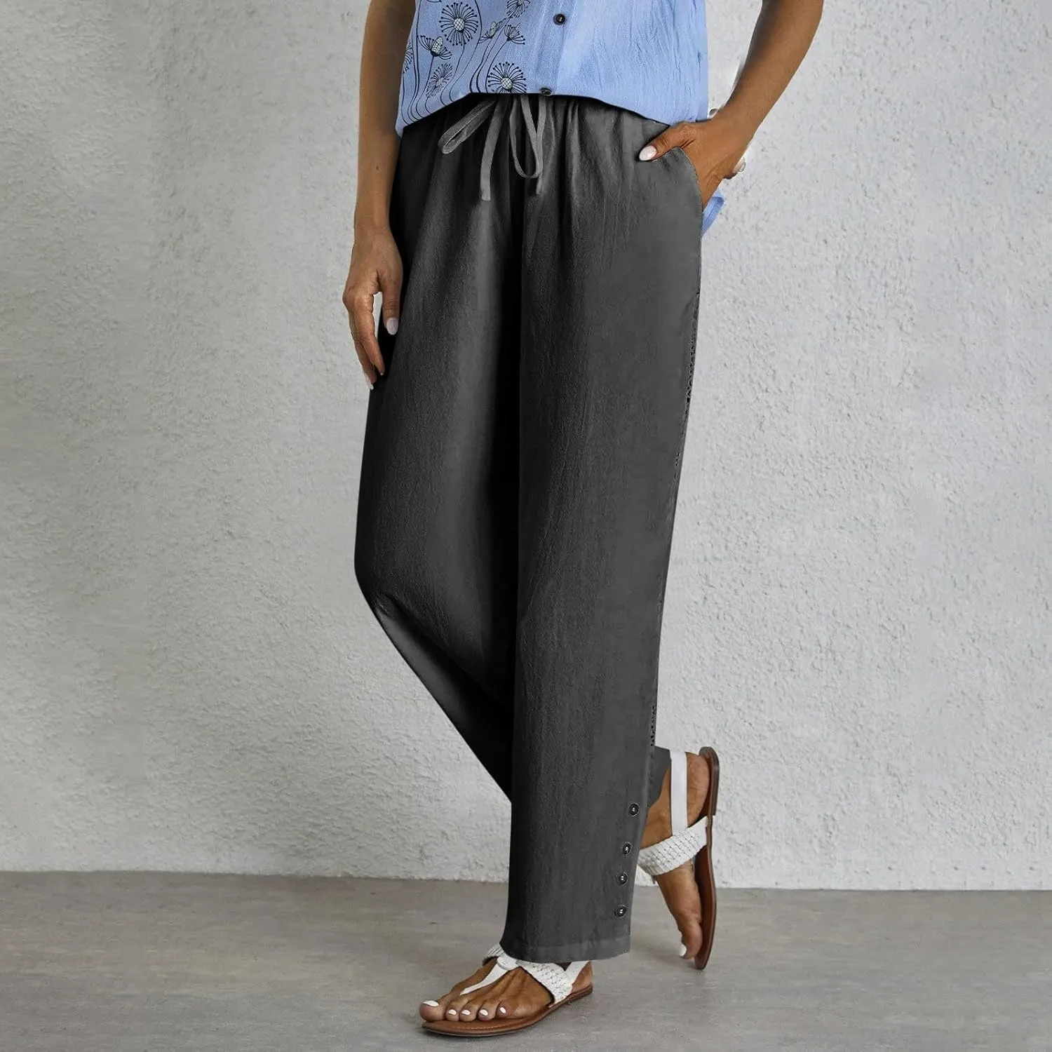 Baggy Linen Pants Women Summer Boho Lightweight High Waist Palazzo Pants Loose Comfy Straight Leg Pants Pockets