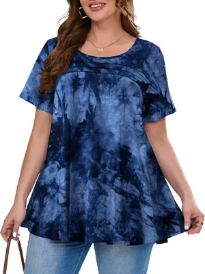 BELAROI Womens Plus Size Tops Tunic Short Sleeve T Shirts Dressy Casual Blouses Trendy Flowy Pleated Crew Neck Summer Outfits