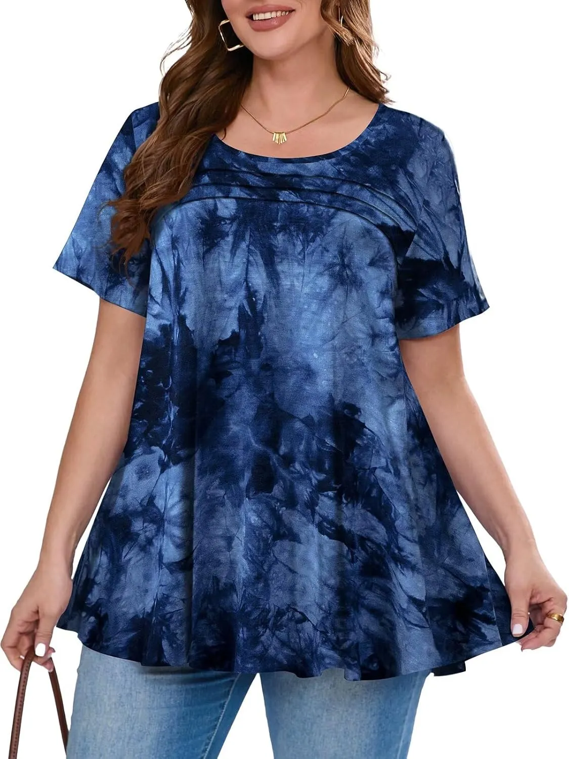 BELAROI Womens Plus Size Tops Tunic Short Sleeve T Shirts Dressy Casual Blouses Trendy Flowy Pleated Crew Neck Summer Outfits