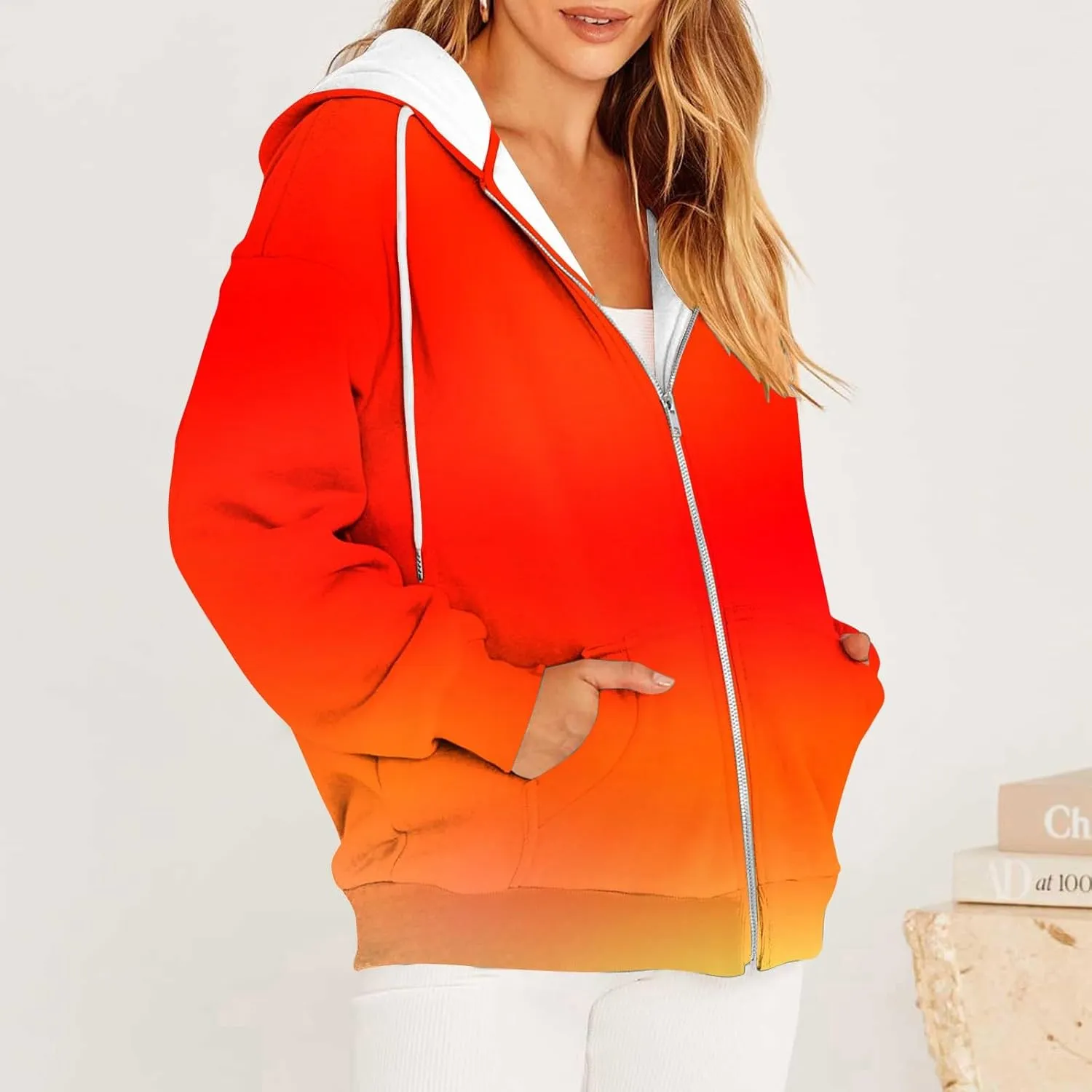 Bidobibo Zip Up Hoodie Women Gradient Color Pattern Zipper Hooded Plus Size Jacket Oversized Tunic Sweatshirt for Women
